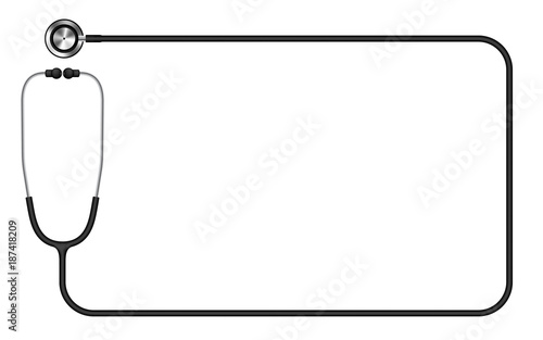 Stethoscope black color and rectangle shape frame made from cable isolated on white background, with copy space