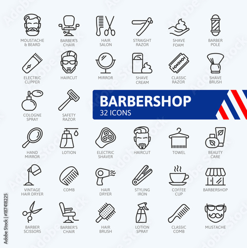Barber shop elements - minimal thin line web icon set. Outline icons collection. Simple vector illustration.