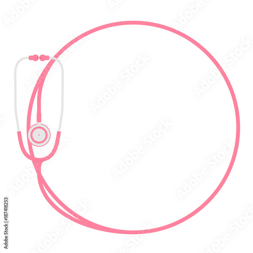 Stethoscope pink color and circle shape frame made from cable flat design isolated on white background, with copy space
