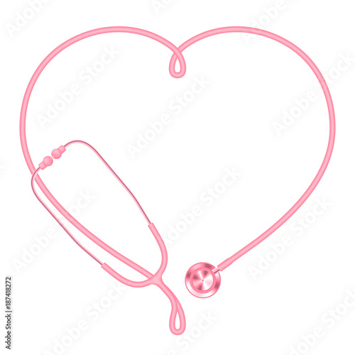 Stethoscope pink color and heart sign symbol frame made from cable isolated on white background, with copy space © paitoonpati