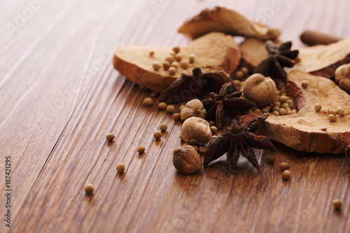 Chinese herbal medicine isolated in wood background