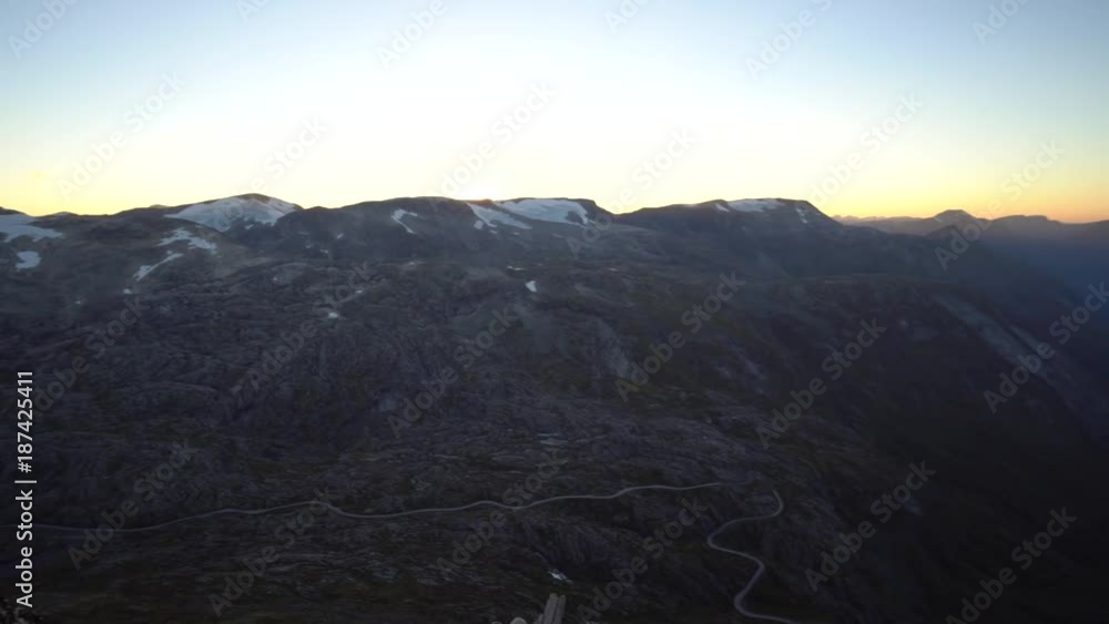 Pan over Geirangerfjord, Norway from Dalsnibba viewpoint during sunset Pan over Geirangerfjord, Norway from Dalsnibba viewpoint during sunset