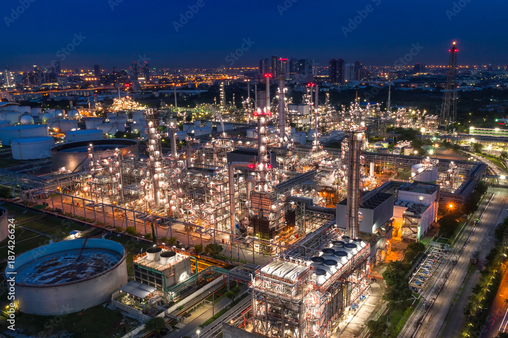 Aerial view of Oil and gas industry - refinery, Shot from drone of Oil refinery and Petrochemical plant at twilight, Bangkok, Thailand