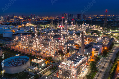 Aerial view of Oil and gas industry - refinery  Shot from drone of Oil refinery and Petrochemical plant at twilight  Bangkok  Thailand