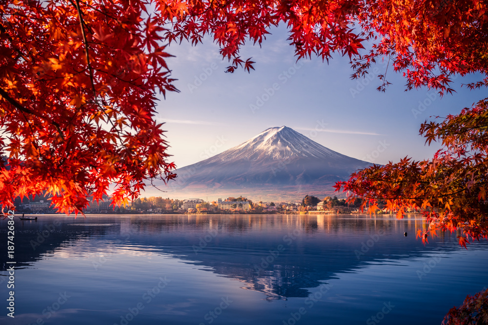 Colorful Autumn Season and Mountain Fuji with morning fog and red leaves at lake Kawaguchiko is one of the best places in Japan - obrazy, fototapety, plakaty 