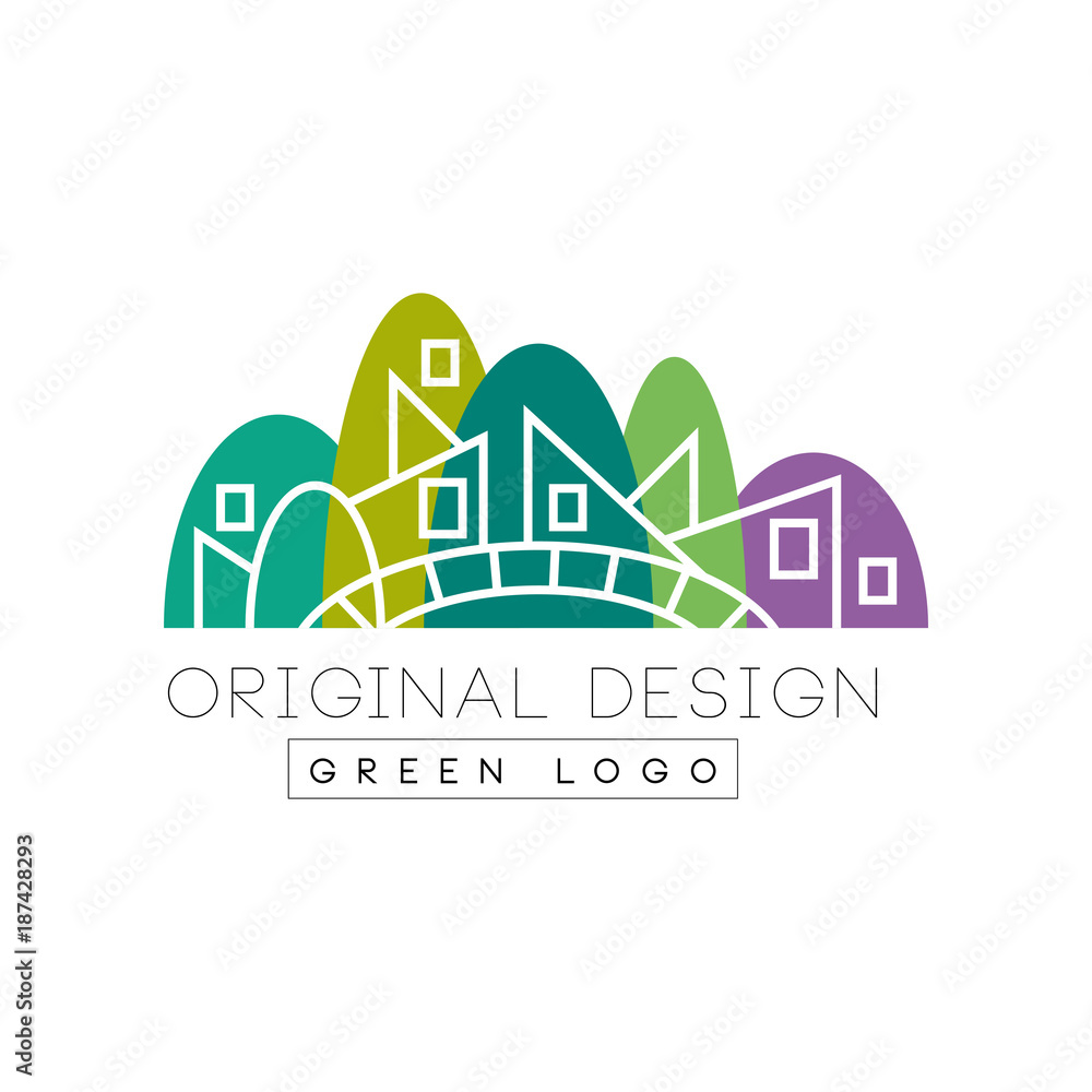 Original flat landmark with green park, bridge and linear buildings. Creative vector design for company logo, booklet, flyer or promotional poster