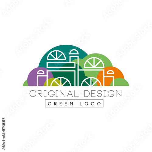 Modern logo design with city mall in line style against green park background. Entertainment center. Colorful vector label for business company or promo flyer