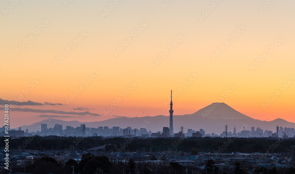 Tokyo Skytree and Mount Fuji at twilight time in winter season.