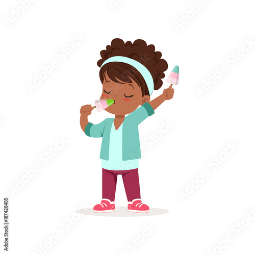 Curly-haired african baby girl holding and eating two ice-cream on stick. Summer delicious dessert. Cartoon child character in casual outfit. Flat vector illustration