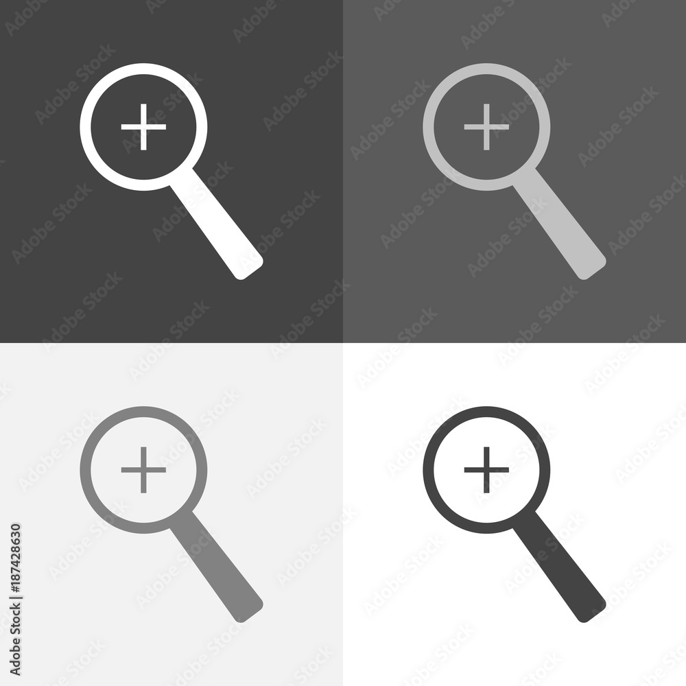 Vector icon set of a magnifying glass, zoom on white-grey-black color Vector icon set of a magnifying glass, zoom on white-grey-black color