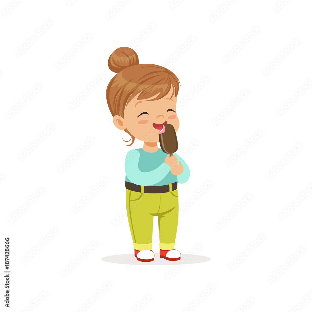 Happy little girl eating delicious chocolate ice-cream on stick. Cartoon  child character with brown hair in blue blouse and green pants with belt.  Flat vector design Stock Vector | Adobe Stock