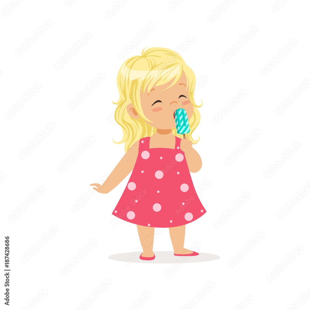 Beautiful little girl enjoying delicious ice-cream. Summer delicious dessert. Cartoon child character with long blond hair wearing cute pink dress. Flat vector design Beautiful little girl enjoying delicious ice-cream. Summer delicious dessert. Cartoon child character with long blond hair wearing cute pink dress. Flat vector design