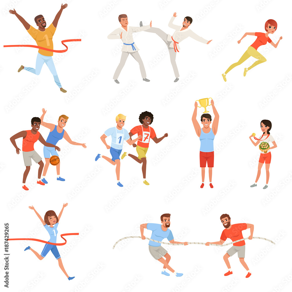 Flat sports people taking part in different competition. Basketball players, karate fighters, tug of war, athletes crosses finish line red ribbon, man and woman with trophies Flat sports people taking part in different competition. Basketball players, karate fighters, tug of war, athletes crosses finish line red ribbon, man and woman with trophies