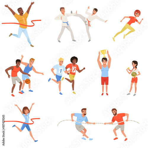Flat sports people taking part in different competition. Basketball players  karate fighters  tug of war  athletes crosses finish line red ribbon  man and woman with trophies