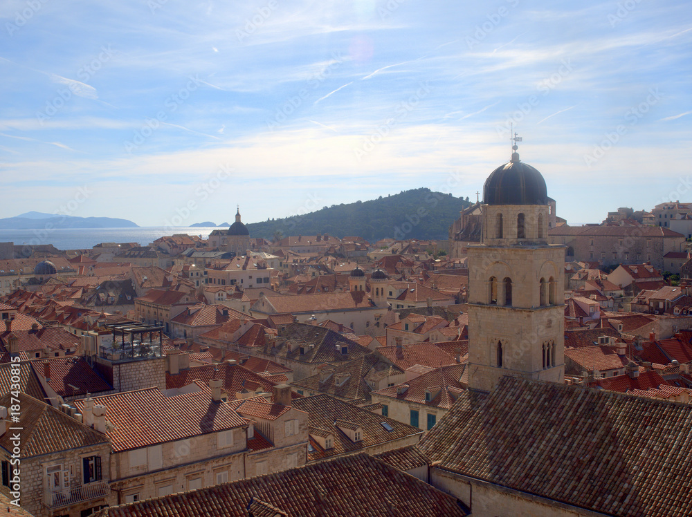 View of the bell tower of Dubrovnik old town from the wall