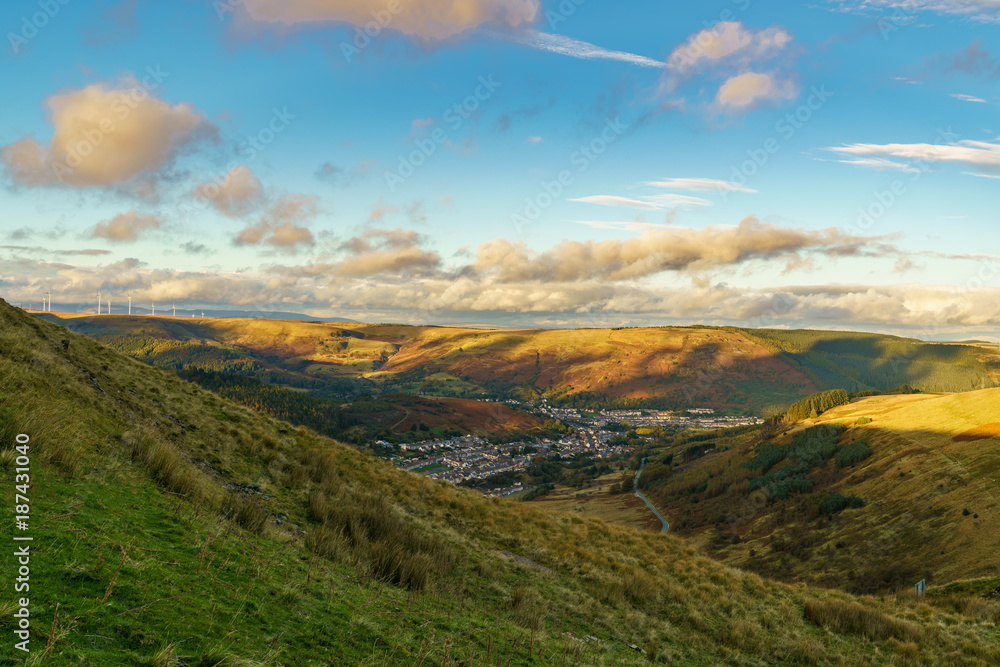 Fototapeta premium View from the A4061 road over Treorchy in Rhondda Cynon Taf, Mid Glamorgan, Wales, UK