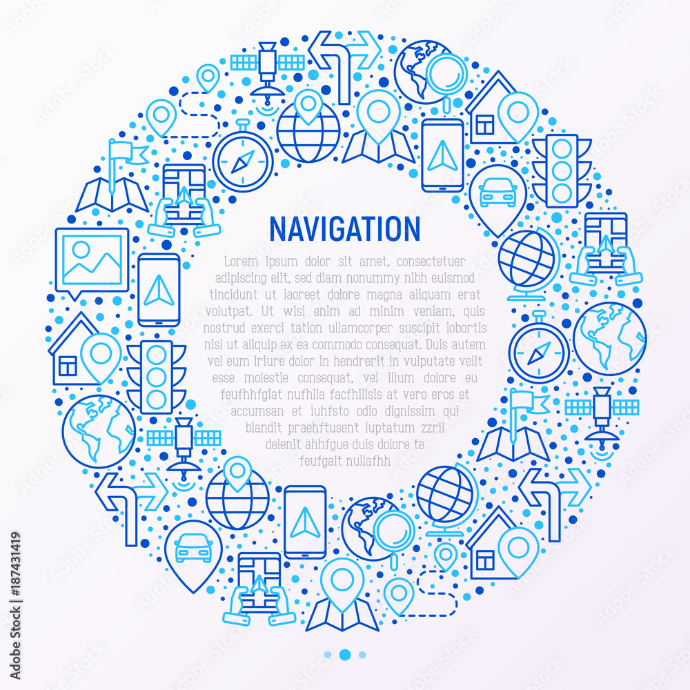 Obraz premium Navigation and direction concept in circle with thin line icons set: pointer, compass, navigator on tablet, traffic light, store locator, satellite. Modern vector illustration for web page.