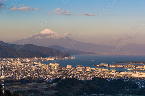 Mountain fuji with Shizuoka city and Suruga bay seen from Nihondaira.