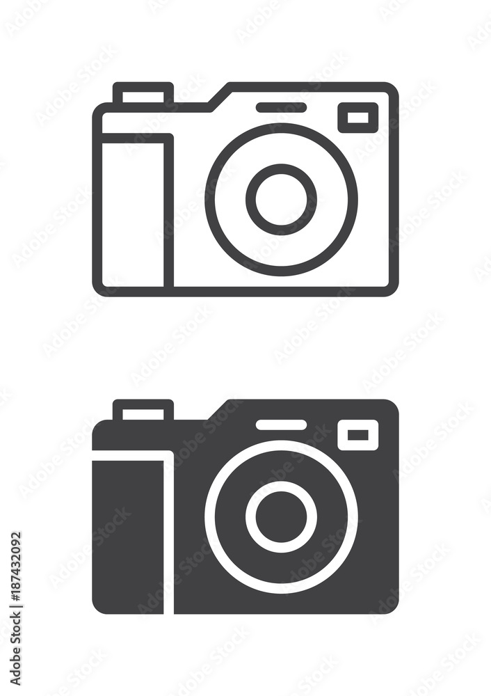 Photo camera icon, line and solid version, outline and filled vector sign, linear and full pictogram isolated on white. Symbol, logo illustration. Pixel perfect vector graphics Photo camera icon, line and solid version, outline and filled vector sign, linear and full pictogram isolated on white. Symbol, logo illustration. Pixel perfect vector graphics