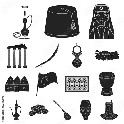 Turkey country black icons in set collection for design.Travel and attractions vector symbol stock web illustration.