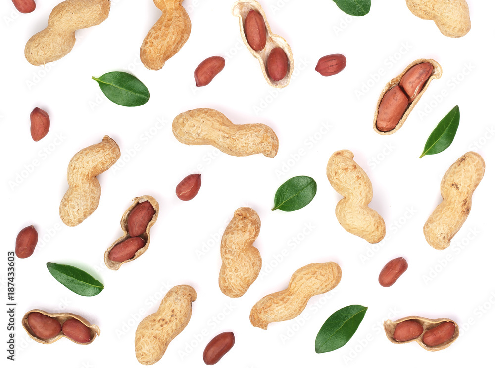 Peanuts with shells isolated on white background with copy space for your text, top view. Flat lay pattern Peanuts with shells isolated on white background with copy space for your text, top view. Flat lay pattern