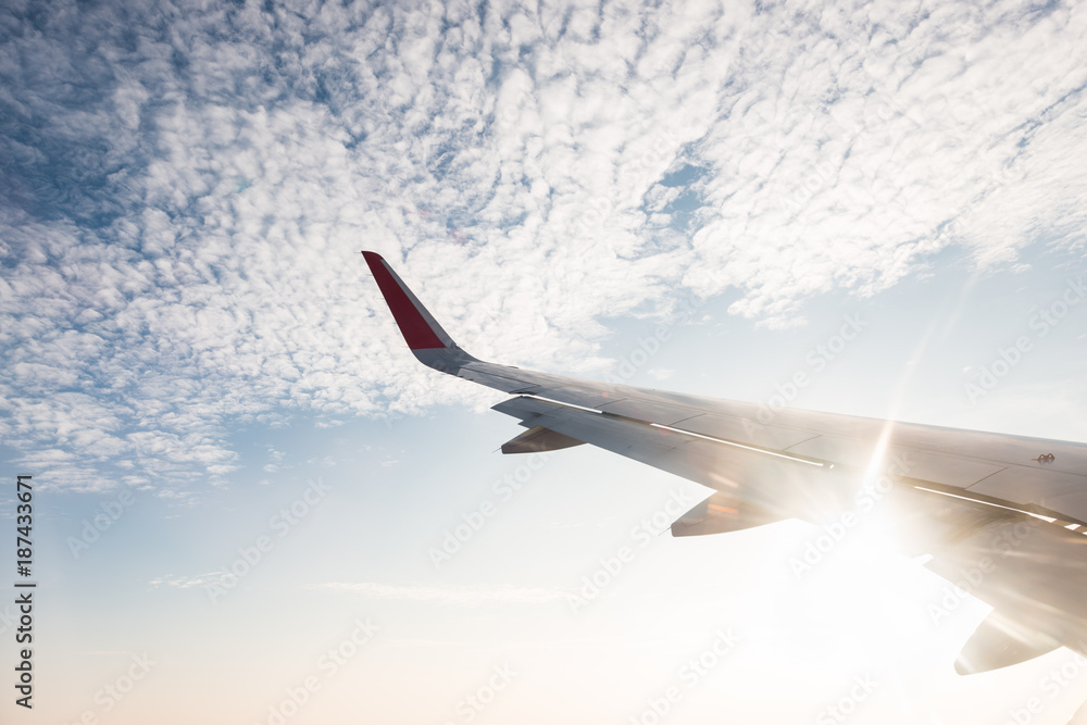 Fototapeta premium Wing of an airplane in morning sunrise .