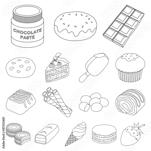 Chocolate Dessert outline icons in set collection for design. Chocolate and Sweets vector symbol stock web illustration.