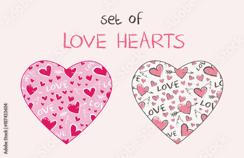 Vector hearts set. Happy Valentine Day pattern in the shape of heart. ?ute hand drawn hearts with angel wings and arrows.