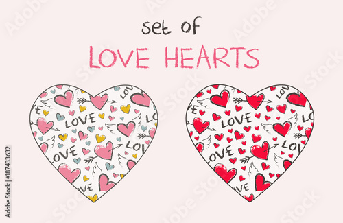 Vector hearts set. Happy Valentine Day pattern in the shape of heart. ?ute hand drawn hearts with angel wings and arrows.