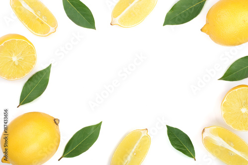 frame of lemon with leaves isolated on white background with copy space for your text. Flat lay, top view © kolesnikovserg