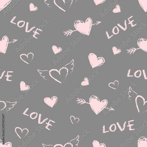 Valentine's Day seamless pattern. Vector cute hand drawn hearts with angel wings and arrows. Vintage style. Seamless texture for wallpapers, pattern fills, cards, web page backgrounds.