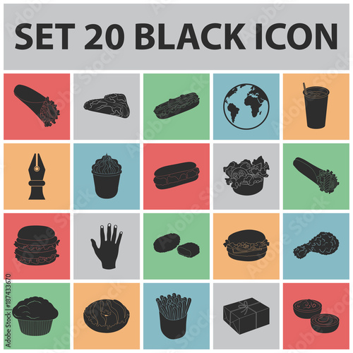 Fast food black icons in set collection for design.Food from semi-finished products vector symbol stock web illustration.