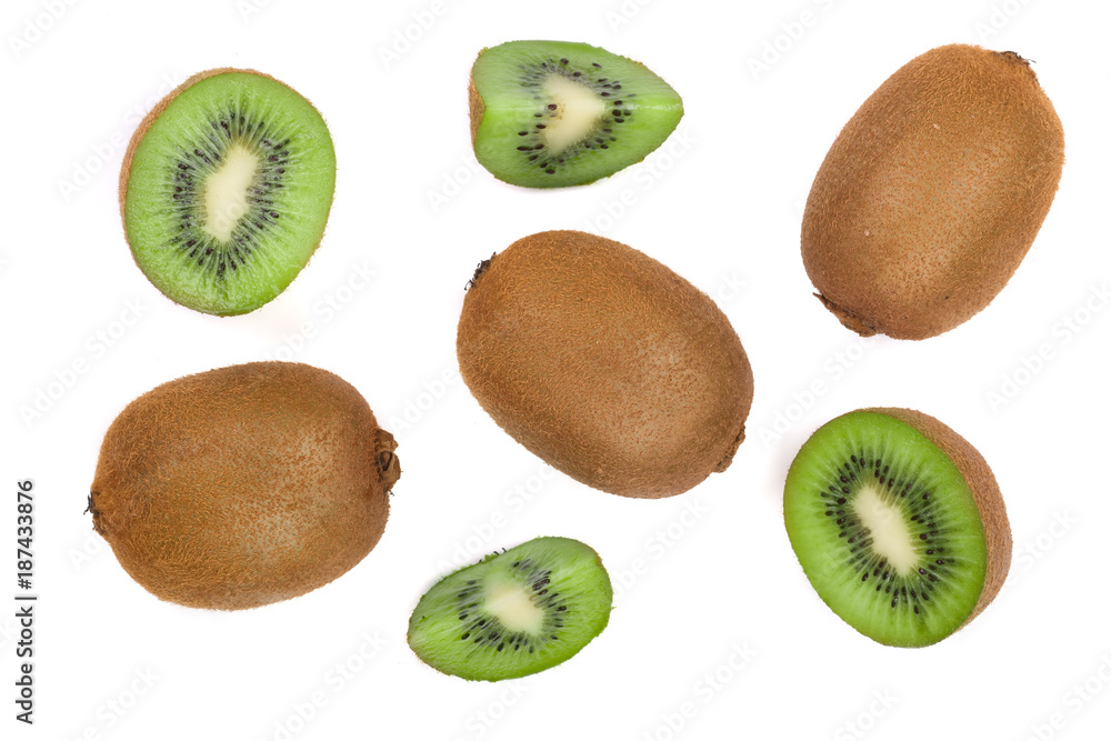 Fototapeta premium Kiwi fruit with slices isolated on white background, close-up. Top view. Flat lay pattern