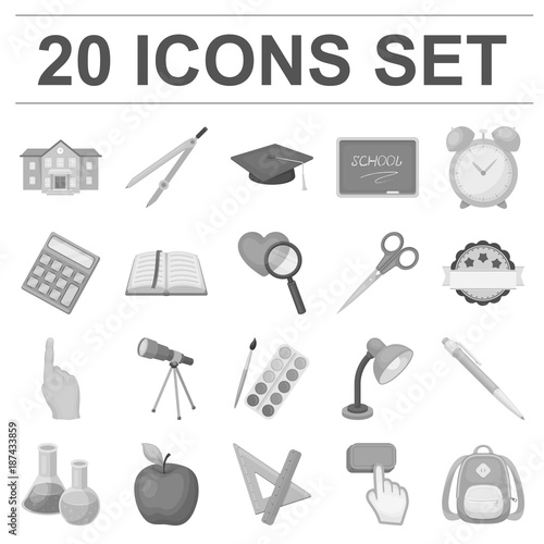 School and education monochrome icons in set collection for design.College, equipment and accessories vector symbol stock web illustration.