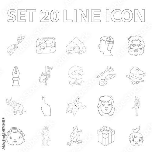 Life in the Stone Age outline icons in set collection for design. Ancient people vector symbol stock web illustration.