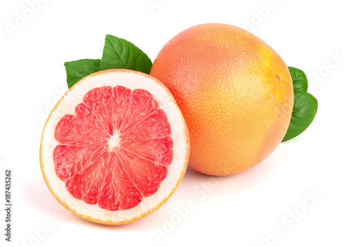 grapefruit and slice with leaves isolated on white background