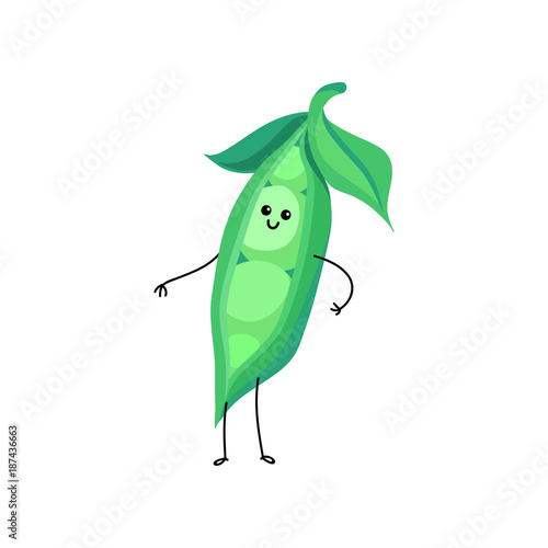 Funny smiling pod of green peas cartoon character vector Illustration
