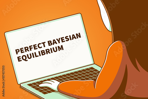 Woman looking at a laptop screen with the words perfect bayesian equilibrium photo