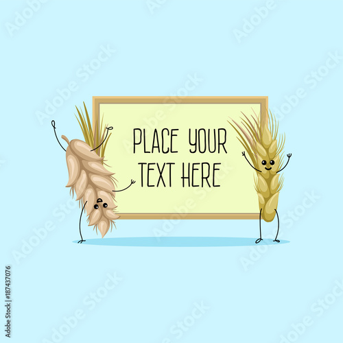 Cute wheat and rye ears cartoon characters hoding banner with space for your text vector Illustration