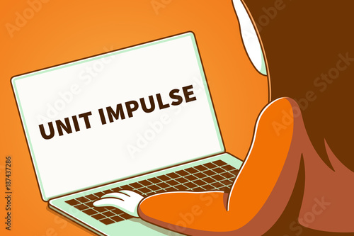 Photos Woman looking at a laptop screen with the words unit impulse