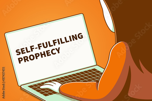 Canvas Print Woman looking at a laptop screen with the words self-fulfilling prophecy