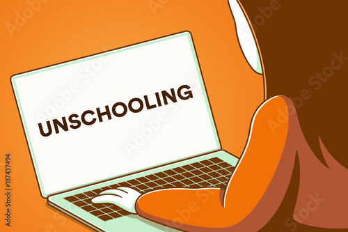 Woman looking at a laptop screen with the words unschooling