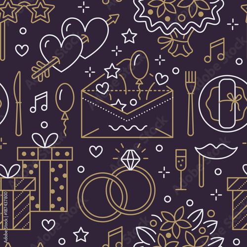 Wedding party seamless pattern, flat line illustration. Vector icons event agency rings, balloons, gifts, invitation, flowers. Dark, gold repeated background. Valentine day romantic date organization.