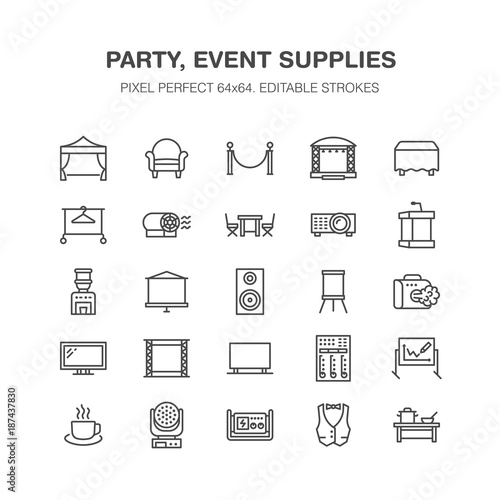 Event supplies flat line icons. Party equipment - stage constructions, visual projector, stanchion, flipchart, marquee. Thin linear signs for catering, commercial rental service. Pixel perfect 64x64.