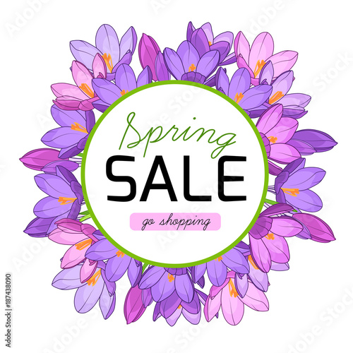 Spring shopping sale advertising promo banner card. Promotion offer with spring flowers. Purple violet crocus flowers round wreath. Text placeholder. Vector design illustration. photo