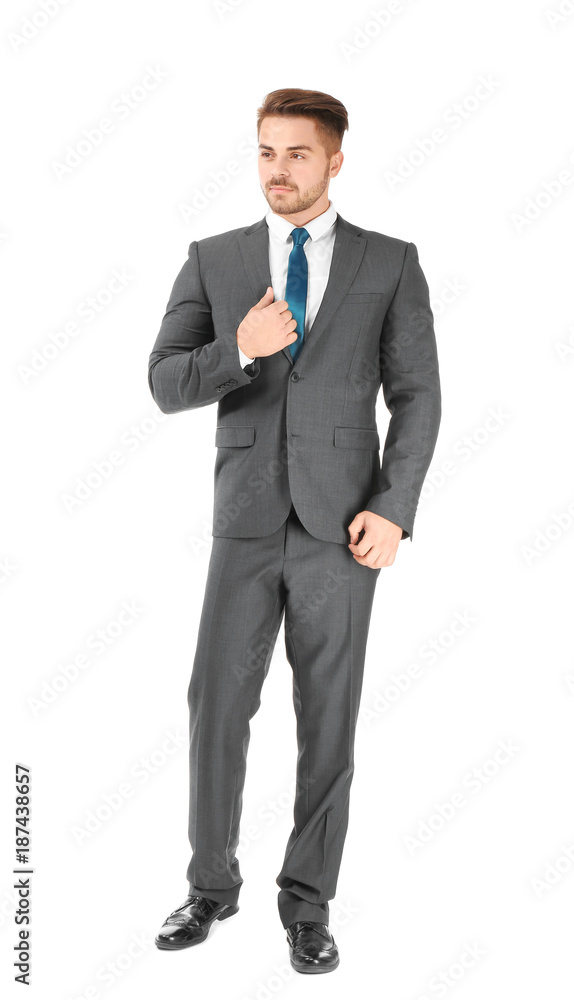 Handsome man in formal suit on white background