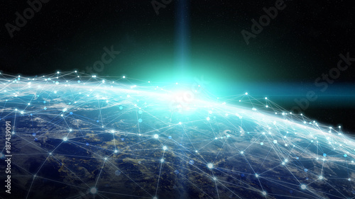 Fototapeta Naklejka Na Ścianę i Meble -  Connections system and datas exchanges on planet Earth 3D rendering