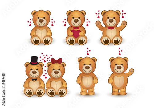 Set of funny cartoon teddy bears in love. 