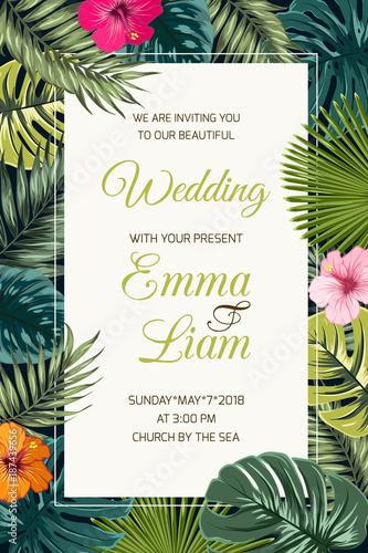 Wedding event invitation card template. Exotic tropical jungle rainforest bright green palm tree and monstera leaves hibiscus flowers border frame on dark background. Vertical portrait aspect ratio.