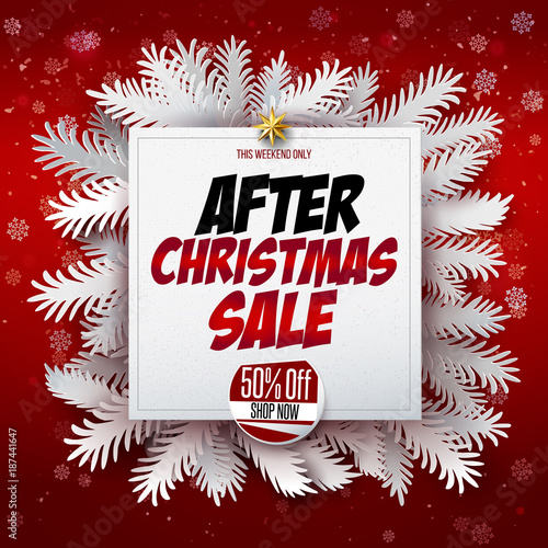 After Christmas Sale square banner. Decorative frame made with white paper art cut out fir tree branches on red background with snowflakes. Vector illustration. Adertising poster template photo